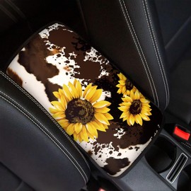Universal Fit Car Armrest Cover Soft Breathable Non Slip Vehicle Center Console Armrest Cover Pad Sunflower Cow Custom Fashion Auto Armrest Box Cover Comfort for Most SUV Trucks