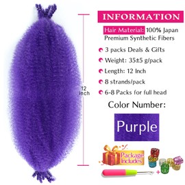 Afro Twist Hair 12 Inch 3 Packs, Springy Afro Twist Hair Pre Fluffed Spring Twist Hair Pre Separated Wrapping Hair for Soft Locs Hair Extensions (12 Inch (Pack of 3), Purple#)