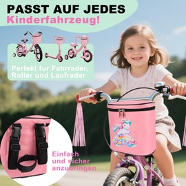Pink Bicycle Basket for Children - Handlebar Bag Children, Front Basket for Children's Bike, Bicycle Bag Kids Handlebar with Straps and Stickers, Ideal for Balance Bike and Dolls Bicycle Seat