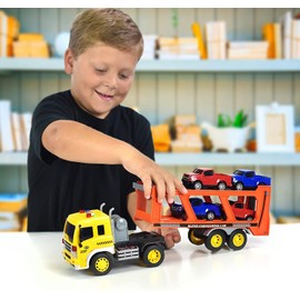 Sunny Days Entertainment Maxx Action 17’’ Vehicle Transport with 4 Diecast Trucks – Bright Lights and Car Sounds | Friction Powered Trailer | 6 Piece Toy Playset for Kids