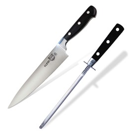 KUMA Chef Knife Pro Bolster Edition & Kitchen Knife Sharpener Set - 8 Inch Chef's Knife for Carving, Slicing & Steel Honing Rod for Sharpening your Carving Knife, Chopping Knives & More
