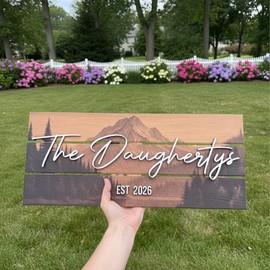 Custom Mountain Family Name Sign - Rustic Wood Wall Decor, Personalized Wedding & Gift for Couples Anniversary, Housewarming Gift for New Home (Medium)