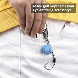 DILUSILK 2 Pieces Golf Ball and clubs Golf Mini Racket Ball Pendant Keychain Silver Metal Keyring Keychain Gift NoveltyAccessories for Sports Clubs Lovers Gift. (Blue,Yellow)