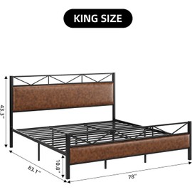 IDEALHOUSE King Size Bed Frame with Headboard, Industrial Platform Upholstered King Bed Frame with 14 Strong Metal Slats Support, 11'' Under-Bed Storage, No Noise, Easy Assembly, Brown