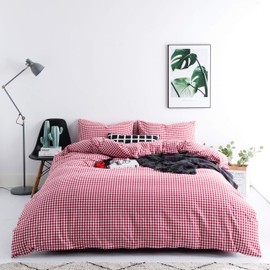 SUSYBAO 3 Pieces Duvet Cover Set 100% Washed Cotton King Size Red Gingham Checked Bedding Set 1 Plaid Geometric Duvet Cover with Zipper Ties 2 Pillowcases Luxury Quality Ultra Soft Breathable Durable