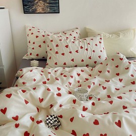 Nayoroom Heart Duvet Cover Full Size 100% Cotton Red Heart Printed on White Comforter Cover 3Pcs Girls Cute Kawaii Heart-Shaped Pattern Bedding Set with Zipper Closure Soft Breathable