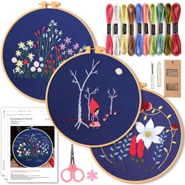 CDThinkingU Embroidery Kit for Beginners, 3 Sets Embroidery Advanced Kits for Adults & Children with Hoop, Easy Instruction Video, Stamped Flower Patterns, Needlepoint Kits, Tools