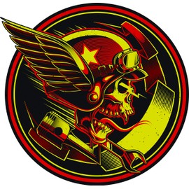 Cool Skull Motorcycle Rider Gears Tools Detailed Emblem Cartoon Vinyl Sticker (4" Wide, Red)