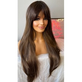 DAZZ LOOK 30 Inch/76 Cm Long Fringe/Bangs Straight Synthetic Hair Wig, Heat Resistant, Natural Brown Color + 02 Cap Wig Free