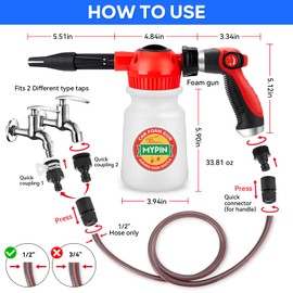 MYPIN Car Wash Foam Gun Set, Foam Cannon, Adjustable Hose Wash Sprayer with 2.5 to 6 Bars Foam Blaster, with Nozzles, Wash Mitten, Suitable for Car Cleaning and Garden Use with 1/2” Quick Connector