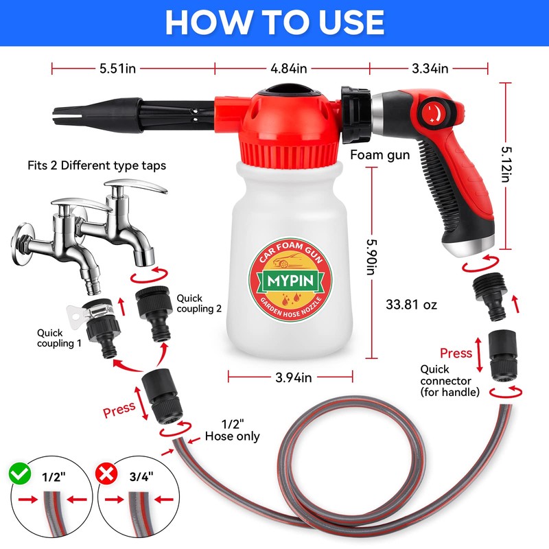 MYPIN Car Wash Foam Gun Set, Foam Cannon, Adjustable Hose