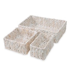 Handwoven Natural Water Hyacinth Wicker Storage Baskets Set, Boho Style Shelf Baskets for Serving& Home Organization, Storage Boxes for Bedroom, Livingroom, Kitchen, Dining Table, Set of 3, White