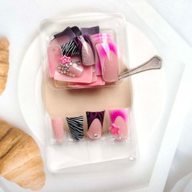 Long Press on Nails, Duck Shpae Fake Nails, Fashion Zebra Stripes Designs False Nails, Glossy with Hot Pink French Tip Acrylic Nails, Rhinestone Star Full Cover Long Nails, Glue on Nails for Women