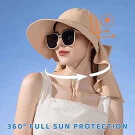 Harlang Sun Hats for Women Foldable Wide Birm Boonie Hat Adjustable UV Protection Fishing Hiking Hat with Windproof Tether Khaki