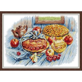 JOYSEWING Bread Kitchen Afternoon Tea Printed Pattern Counted Cross Stitch kit Stamped Kits Printed Embroidery for Beginners DIY Gift Home Decoration (Apple Cherry Pie(14CT) 21.26 ×15.75 inch)
