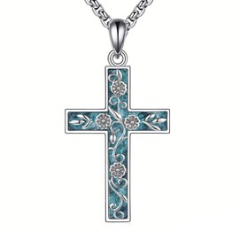 URONE Turquoise Cross Necklace for Women 925 Sterling Silver Cherry Blossom Cross Pendant Flower Jewelry Gifts for Men