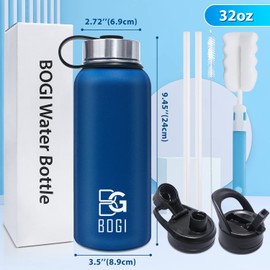 BOGI Insulated Water Bottles, 32oz Double Wall Vacuum Stainless Steel Water Bottles with 3 Lids Metal Water Bottle with Straw Lid Spout Lid & Stainless Steel Lid Sport Water Bottles KeepsHot and Cold