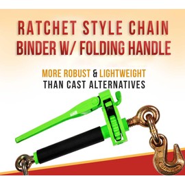 Mytee Products 2 Pack 5/16" - 3/8" Hi-Viz Green Heavy Duty Folding Handle Ratchet Load Binder w/Grab Hook 7,100 lbs WLL | Tie Down Hauling Chain Binders for Flatbed Truck Trailer