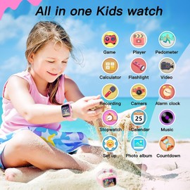 ZONEY Kids Camera Smartwatch,Game Watch Toy with Music Player, Kids Video Smart Watch with 16 Games, Flashlight,Alarm Clock,Pedometer, Watch for Boys Girls (Pink)