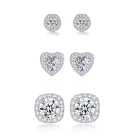 CHARIFIN Aretes zirconia corazon redondo cuadrado Piercing oreja diamante acero inoxidable Aretes piedras Paquete de broqueles acero quirurgico plateado Aretes para mujer 3 pares