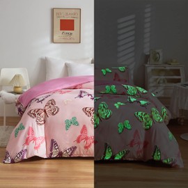 Homewish Luminous Bed Linen, 135 x 200 cm, for Girls, Children's Room Decor, Butterfly Pattern, Glowing in Dark, Decorative Duvet Cover Set, Pillowcase, 80 x 80 cm