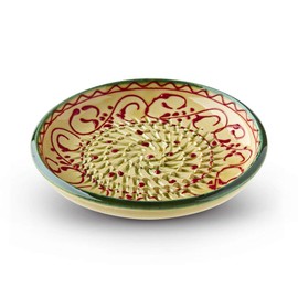 Garlic Grater Plate Set with Brush and Peeler, (#Ref11). Cream Plate with Green Rim and Red Scroll Pattern. Handmade and Hand Painted in Cordoba, Spain.