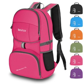 Bekahizar Foldable Backpack 35L Ultralight Hiking Backpack Small Travel Backpack for Men Women Kids Outdoor Sports, pink