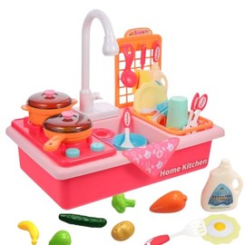Cocina deJuguete para Niña, Fregadero de Juguete con Agua Eléctrico , Juego Cocinitas de Juguete Set para Infantiles, Kitchen Sink Toy con Olla y Sart