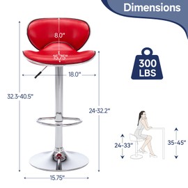 Bar Stools Set of 2, Adjustable Swivel Barstools for Kitchen Counter, Modern PU Leather Counter Height Bar Chair with Back and Footrest for Kitchen Island Dining Room Café Pub (Red)