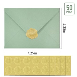 50 PCS Sage Green Colorful A7 Envelopes with Stickers, 5x7 Envelopes for Greeting Cards, Great for Invitations, Wedding Invitation, Birthday, Baby Shower, Graduation