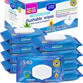 Berkley Jensen Flushable Wipes, Fresh Scent with Aloe & Vitamin E, Adult Wet Wipes, Total 540, 9 Flip-Top Packs, 60 Wipes Per Pack. (9 Pack)
