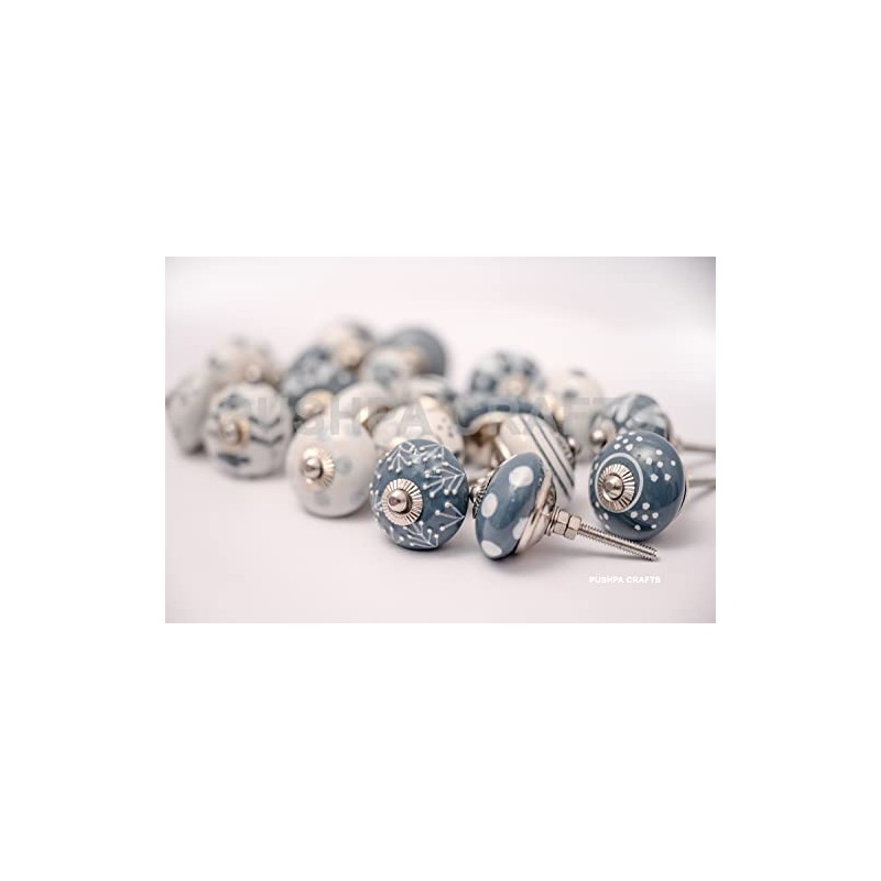 PUSHPACRAFTS Hand Painted Ceramic Cupboard Drawer Knobs 20 Pieces Grey