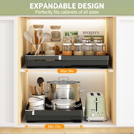 DOMNIU 2 Pack Pull Out Cabinet Organizers Expandable (13''-19''), Slide Out Drawers for Kitchen, Bathroom, Pantry, Under Sink Storage, Pull Out Drawers Fixed with Adhesive Nano Film (Black)