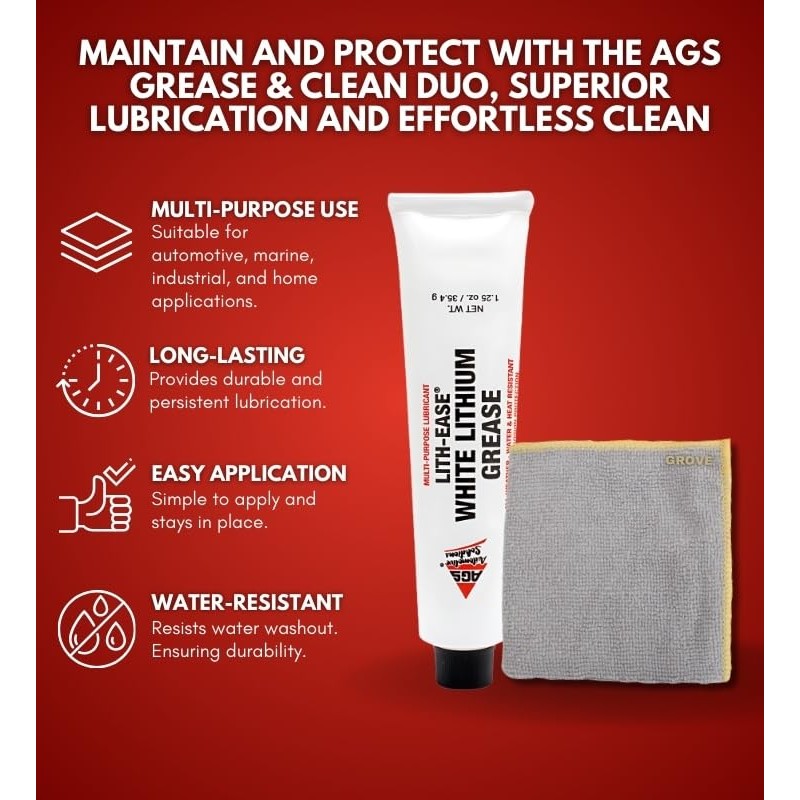 AGS Lith-Ease White Lithium Grease 1.25 oz Bundle with Microfiber