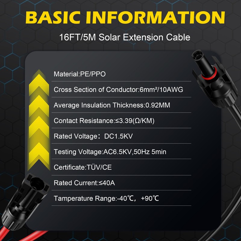 OWINUSTECH 16Ft SolarCable SolarExtension Cable,10AWGSolar Panel ExtensionCable with Female and