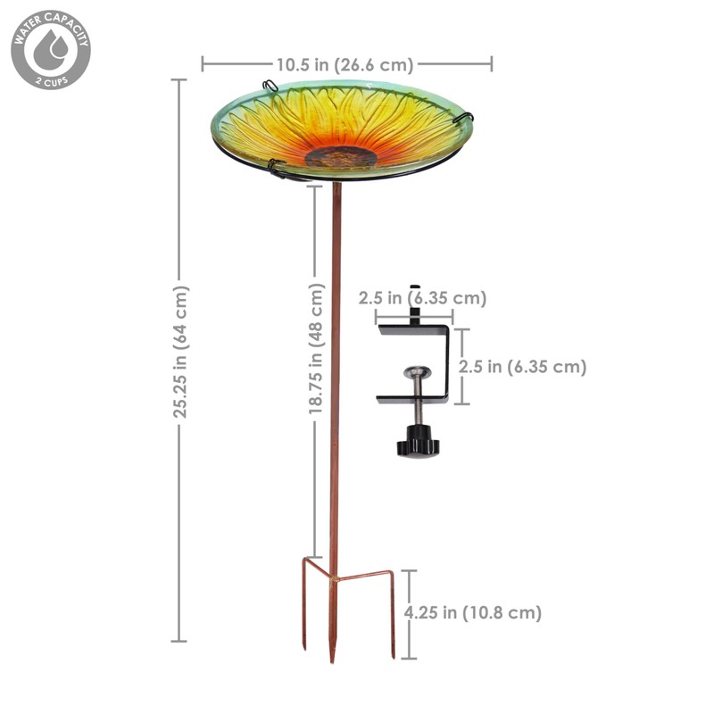 Sunnydaze Glass Bird Bath Bowl - Includes Deck Clamp and
