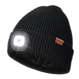 YunTuo Fleece Lined Hat with Light, USB Rechargeable LED Beanie Winter Warm Knit Stocking Cap, Gifts for Men Women Black