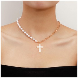 Iaceble Boho White Cross Choker Necklace Faith Cross Pendant Necklace Retro Pearl Necklace Punk Paperclip chain necklace Jewelry for Women