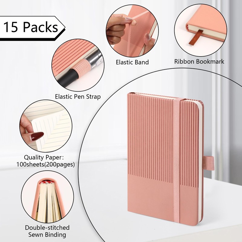 15 Pack Pocket Notebooks Bulk Small Lined PU Leather A6