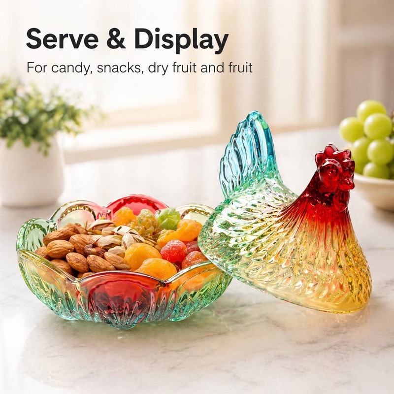 Glass Hen on Nest Candy Dish with Lid, 8.46 x