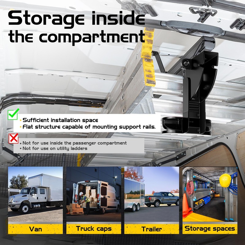 Van Interior Ladder Storage System Utilizes Overhead and Interior Sidewall