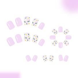 Light Purple Press on Nails Short Square Fake Nails Cute Glue on Nail with Floral Designs Stick Glossy Full Cover Reusable Acrylic False Nails for Women Nail Accessories 24PCS