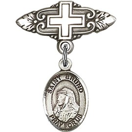 Sterling Silver Baby Badge with St. Bruno Charm and Badge Pin with Cross 1 X 3/4 inches