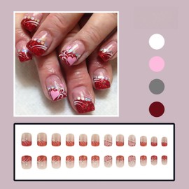 24Pcs Red Nails French Tip Press on Nails Short Square Fake Nails Valentines Day Designs Glitter Heart Love Full Cover Acrylic Nails Pink Heart Line Glue on Nails Cute Stick on Nails for Women Girls