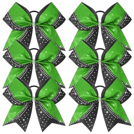 6PCS Glitter Cheer Bow Large Cheer Bows Rhinestones Hair Bows Girls 8"Cheerleading Bows Bulk Elastic Band Ponytail Holder for Teen Girls College Sports Competition Green Black
