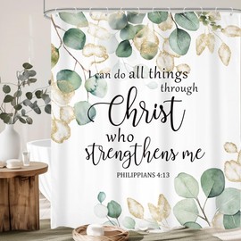 Omifly Eucalyptus Bible Verse Shower Curtain 72Wx72H Inch Green Leaves Gold Watercolor Plant Christian Quotes Botanical Leaf Scripture with 12 Plastic Hooks Fabric Waterproof Toilet Accessories Decor