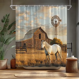 FAXTOZ Fall Horse Shower Curtain Rustic Farm Animal Retro Barn Windmill Country Farmhouse Vintage Polyester Bathroom Curtains Set with Hooks 70"x70"