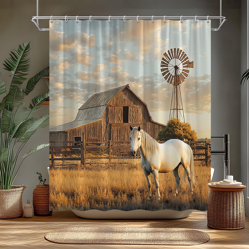 FAXTOZ Fall Horse Shower Curtain Rustic Farm Animal Retro Barn