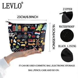 LEVLO Netherlands Makeup Bag Holland Travel Pouch Bag Netherlands Vacation Gift Netherlands Merch, Netherlands Black