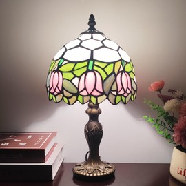 XPHMXP Tiffany Lamp 3-Way Dimmable Table Lamp Pink Tulip Stained Glass Reading Light Small Room Decorate Lamp for Home Living Room Nightstand Bedroom Office Include Light Bulb